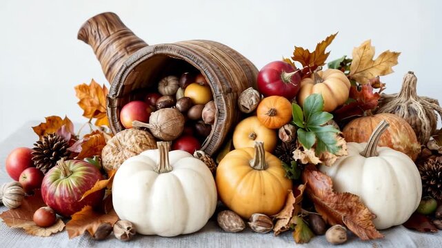 Cornucopia filled with autumn fruits and vegetables on white background  