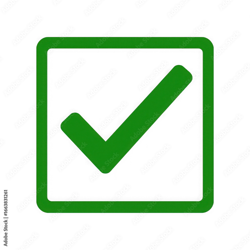 Poster green check mark symbol inside square box for confirmation and approval in digital interface design 