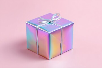 Obraz premium Holographic gift box with ribbon on a pink background
