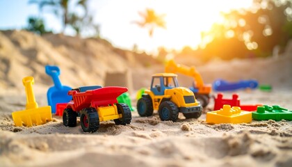 Colorful plastic construction toys and play tools scattered on a sunny sandy beach, creating a vibrant scene of outdoor fun.