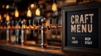 Beer taps with craft beer menu in modern bar setting  