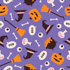 Hand drawn seamless halloween pattern with cute elements in flat style. Spooky cartoon backdrop with bones, pumpkins, hats and broomsticks. Vector print in simple geometric shapes on purple background