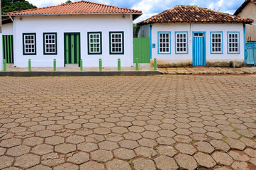 Colonial house door and windows in Corumbá de Goiás. This city was founded in 1730 by the...