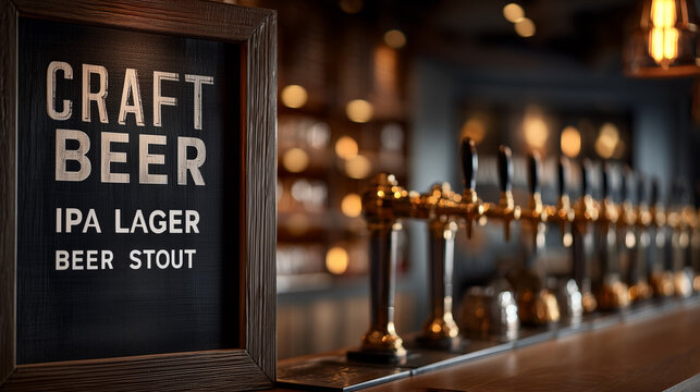 Craft beer taps with menu showcasing IPA, lager, stout at bar - Powered by Adobe