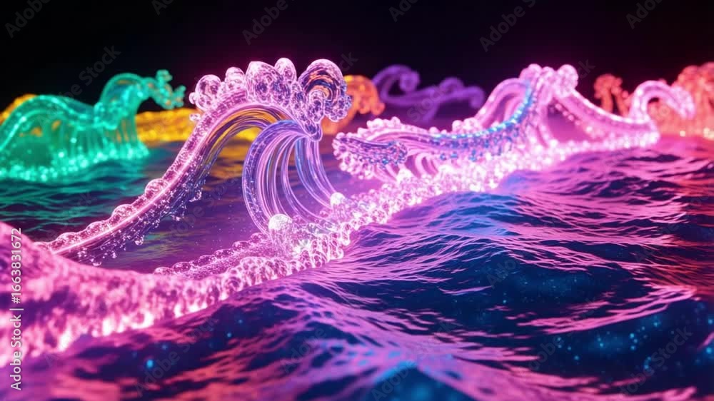 Poster dynamic neon waves crash with vibrant energy, creating a captivating abstract liquid motion spectacl