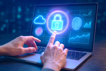 Hands interacting with a laptop displaying digital security icons, cloud, and fingerprint data