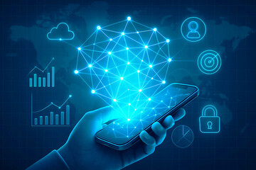 Hand holding smartphone projecting glowing network and data analytics on digital world map