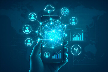 Hand holding smartphone displaying a glowing network of digital icons and data visualizations