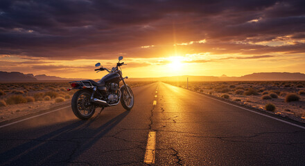 Fototapeta premium Motorcycle parked on a desert highway with a dramatic sunset and distant mountains in the background