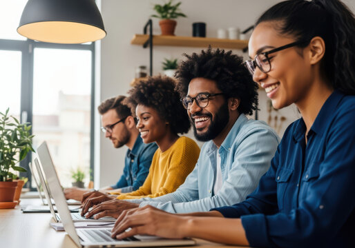 oung multicultural professionals smiling while working on laptops, creating a collaborative, productive, and positive work environment - Powered by Adobe