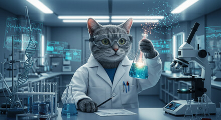 A cat scientist wearing safety glasses and a lab coat holding a flask in a laboratory setting