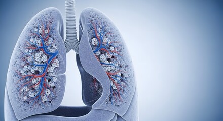Medical 3D rendering of diseased human lungs showing the effects of pulmonary fibrosis or silicosis with particle accumulation in the alveoli