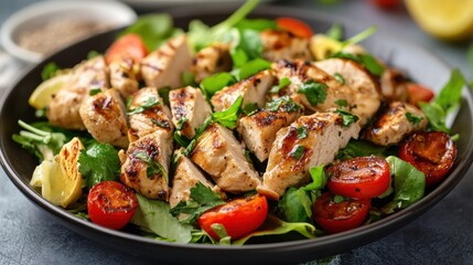 Grilled chicken salad on dark plate, fresh vegetables, delicious meal