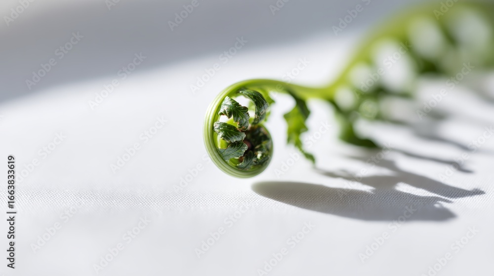Poster curled fern frond displaying intricate patterns in soft morning light on a white surface