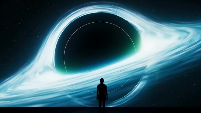 Person watches a black hole devour space. Conceptual of artificial intelligence, deep learning, scientific exploration, cosmology, future tech and theoretical physics.