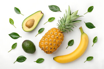 Golden pineapple, avocado, and banana arranged in flt lay