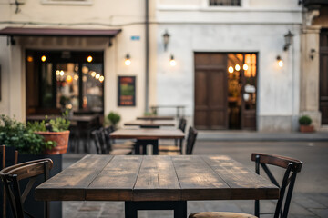 Empty dark wooden table in front of restaurant, blured plain background