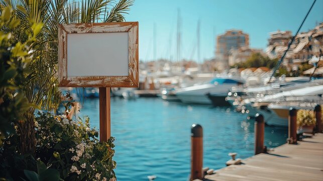 setting features blank advertising sign positioned near marina. Boats are docked in calm blue water creating serene outdoor atmosphere complemented greenery.