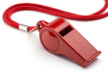 Close-up of red plastic whistle isolated