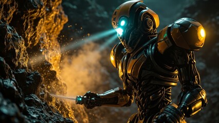 Futuristic Mining Robot in Action.
A robust, high-tech mining robot equipped with glowing blue lights drills into rocky terrain within a cavernous mine, illuminated by the warm glow of sparks and dust