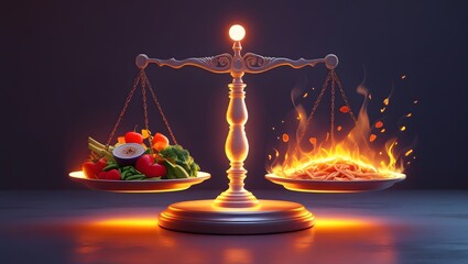 Healthy food versus unhealthy food on a balancing scale