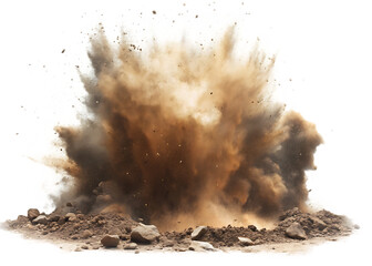Explosive Dust Cloud Burst with Scattered Rocks and Particles explosion debris isolated on a transparent background