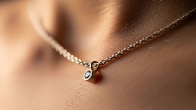Close-up of a delicate silver necklace with a small pendant resting on a person's collarbone, soft lighting