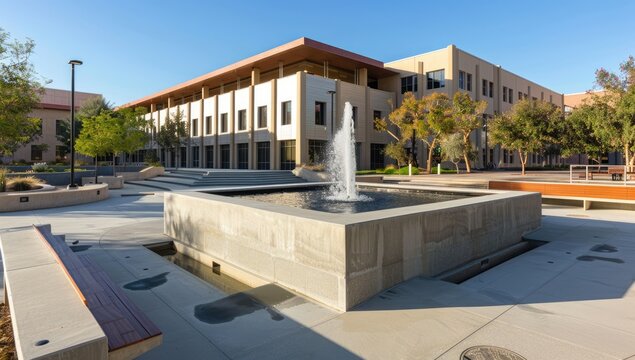 Sunny campus fountain plaza, modern building, landscaping. Educational setting, outdoor space - Powered by Adobe