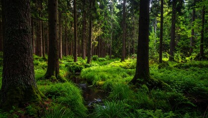 Fototapeta premium Lush Green Forest Floor with Sunlight Filtering Through Tall Trees.