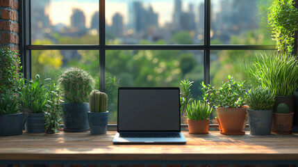 well organized workspace showcases laptop on wooden desk surrounded various indoor plants. Large windows reveal scenic city skyline in background creating serene atmosphere.