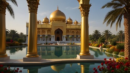 Golden palace with reflecting pool and palm trees