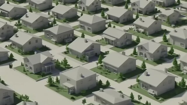 Aerial view of a suburban neighborhood showcasing rows of houses with green lawns and trees