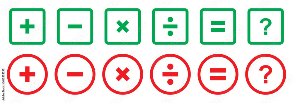Poster plus, minus, multiply, divide and equal sign icon design set. calculation and mathematical sign symb