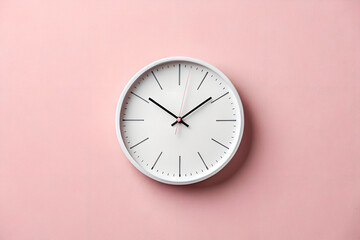 White wall clock on light pink plain background, minmalist concept