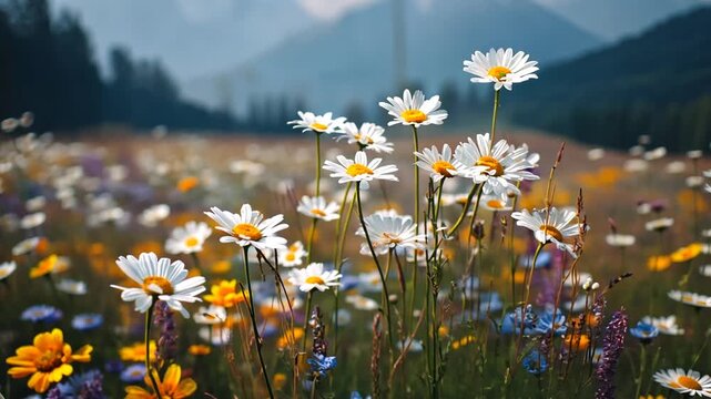 A vibrant meadow bursts with wildflowers, showcasing a profusion of white daisies and colorful blossoms under a soft, diffused light.