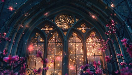 Obraz premium Magical Gothic window, blooming flowers, night scene, fantasy, book cover