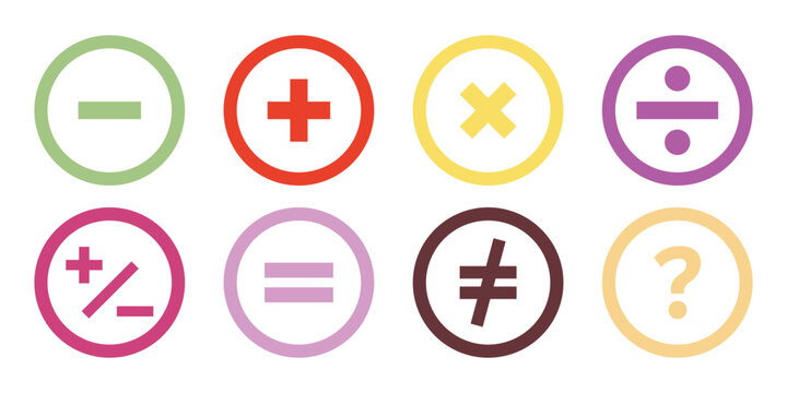 Plus and minus icon set. Math symbol. Plus icon, Minus icon, Multiply icon, Divide icon