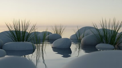 Smooth Grey Stones and Grass in Calm Water at Dusk