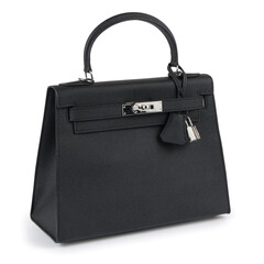 Elegant black leather handbag with silver lock detail in classic Birkin-inspired design on white