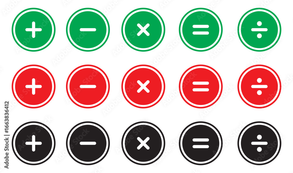 Poster plus and minus icon. add and subtract symbols in circular shapes. buttons for voting, selecting elec