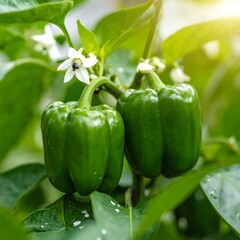 Green bell peppers on the vine. Close up view of fresh produce