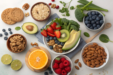 Variety of healthy food ontable, flat lay