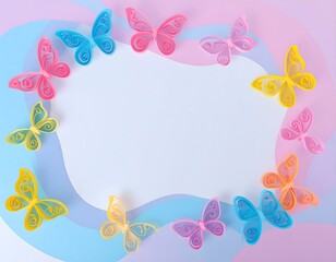 Creative flat lay of a delicate butterfly frame on a soft pastel colored surface with a central blank area for a message or invitation