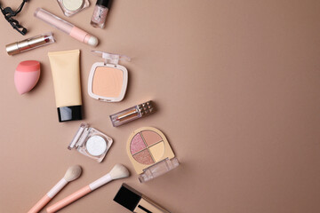 cosmetic makeup products ideal for beauty lovers. Top view on bright background