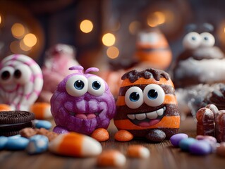 Fototapeta premium Spooky Halloween sweets – realistic candy characters on wooden table