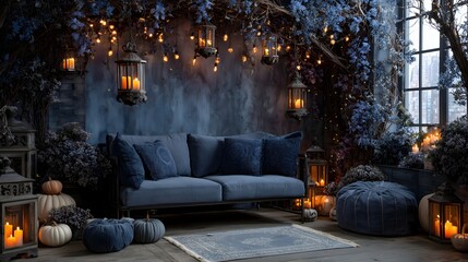 Halloween decor backdrop featuring blue tones, lanterns, and pumpkins creates a spooky setting for mockups and fall celebrations