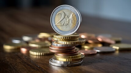 Stack of euro coins with two euro coin on top money
