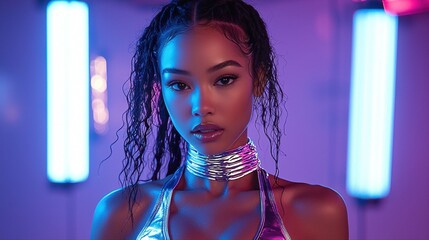 model showcases trendy activewear outfit sleek materials and futuristic design. Bright neon lights create energetic atmosphere emphasizing fashion's innovation and style.