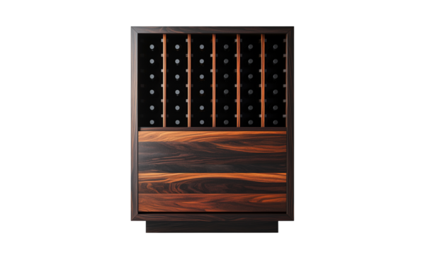 A sleek wooden wine rack featuring multiple slots for bottles and a stylish design, showcasing rich textures and colors.