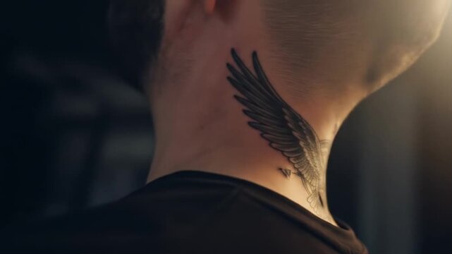 Close-up of a man's neck tattoo featuring an eagle and compass design, set against a dimly lit background